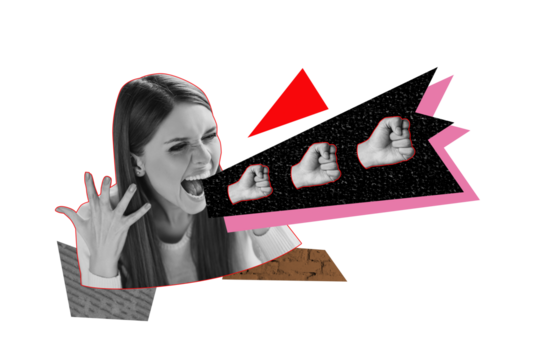 Composite art 3d creative image collage of angry girl activist scream hands fist gesture showing revolution concept strike
