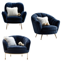 Set of elegant dark navy velvet armchairs with white faux fur pillow and champagne-colored accents, isolated on a transparent background, luxurious modern design
