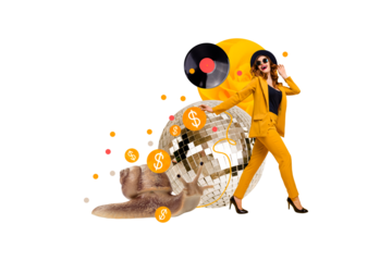 Trend artwork composite sketch image photo collage of young woman dance walk huge disco ball discotheque party vinyl record fashion style