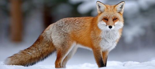Fototapeta premium Stunning Portrait of a Majestic Red Fox in a Serene Snowy Landscape Under Beautiful Autumn Light