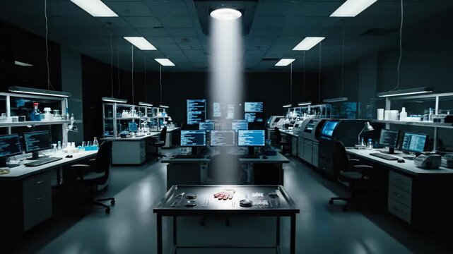 Bloody Glove on Metal Table in Forensics Laboratory Investigation