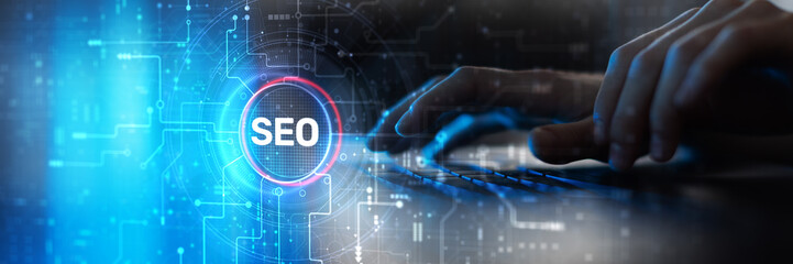 SEO and Digital Marketing Optimization Illustrated on Futuristic Interface.