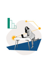 Vertical collage mature businesswoman entrepreneur laptop project manager job economy charts progress improvement development reach success