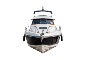 Small motor yacht from front isolated on transparent or white background