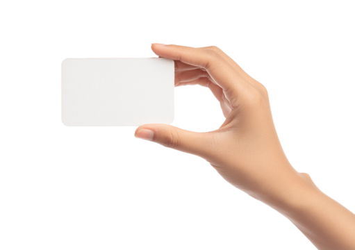 Closeup empty female hand holding invisible business card isolated on transparent or white background