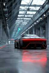 Sleek black electric car with glowing red lights in a modern industrial setting