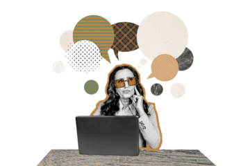 Composite photo collage of minded old woman freelance worker notification bubble correspondence isolated on painted background