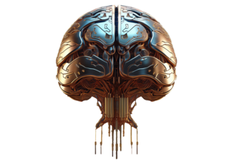Digital AI electronic brain made from metallic isolated on transparent or white background