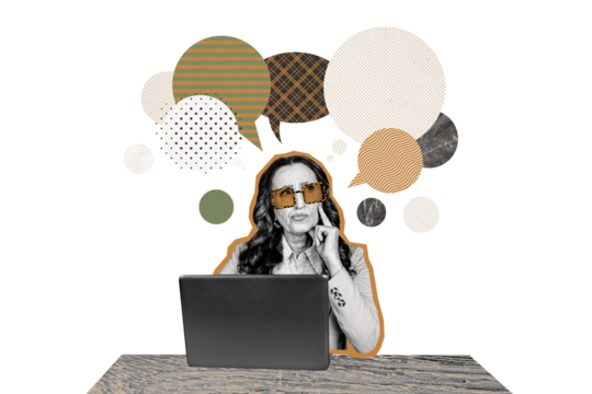 Composite photo collage of minded old woman freelance worker notification bubble correspondence isolated on painted background