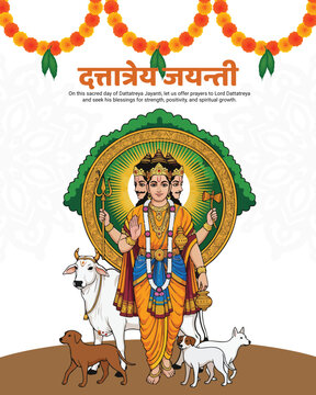 Lord Dattatreya Jayanti Illustration &ndash; Divine Trimurti Vector Art, Hindu Spiritual Festival Celebration