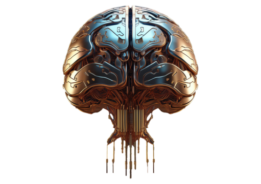 Digital AI electronic brain made from metallic isolated on transparent or white background