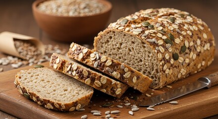 Whole grain loaf covered in seeds and oats partially sliced on a wooden board