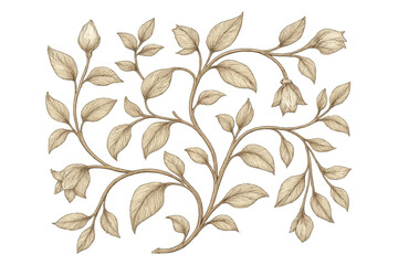 Vintage floral drawing featuring elegant botanical vine with leaves and blooming flower buds in sepia tones, transparent background