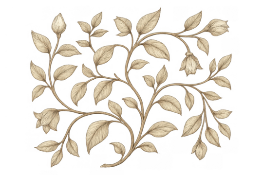 Vintage floral drawing featuring elegant botanical vine with leaves and blooming flower buds in sepia tones, transparent background