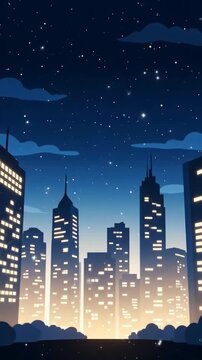 City skyline night glowing windows starry sky bright stars illuminated building silhouette peaceful urban landscape clouds sky
