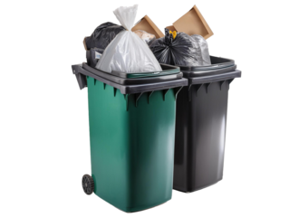metal and plastic trash cans with garbage and paper waste isolated on transparent or white background