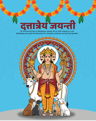 Obraz premium Lord Dattatreya Jayanti Illustration – Divine Trimurti Vector Art, Hindu Spiritual Festival Celebration