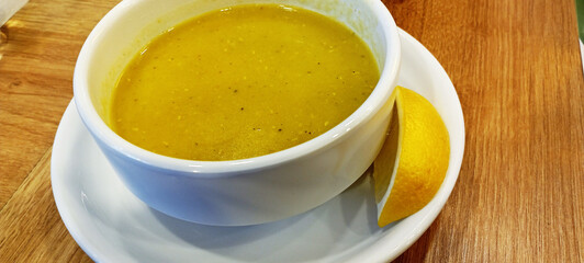 Traditional delicious Turkish foods; Red lentil soup (Turkish name; Mercimek corbasi)