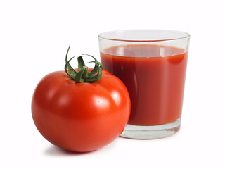Fresh ripe tomato and a glass of vibrant red tomato juice on a clean white background, perfect for healthy eating and beverage promotions.