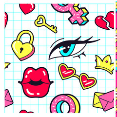 Vibrant Pop Art Pattern Featuring Hearts Lips Eyes Keys and Sunglasses on a Grid Background