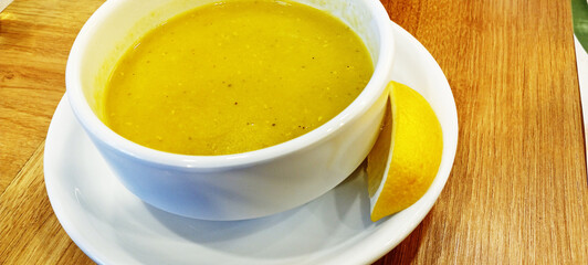 Traditional delicious Turkish foods; Red lentil soup (Turkish name; Mercimek corbasi)