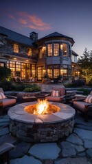 Vibrant photo of a luxurious mansion with a glowing fire pit at twilight