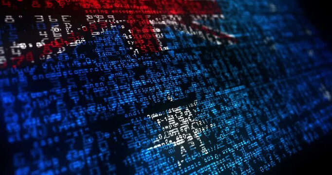 Australia flag waving secure code. Australian blowing banner cyber security attack and hack concept animation.