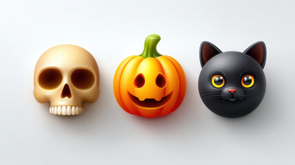 Fototapeta premium Halloween skull pumpkin and black cat icons with cute and spooky expressions on white background