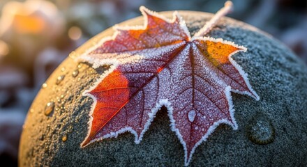 A frosty maple leaf sits atop a gray textured orb droplets of moisture clinging to the surface