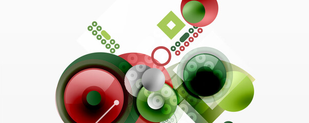 Abstract vector design. Circles, lines, squares create modern composition. Red, green hues dominate visual space. Minimalist style.