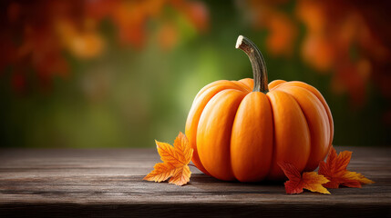 Orange pumpkin with autumn leaves on wooden table in soft focus background creates warm seasonal atmosphere