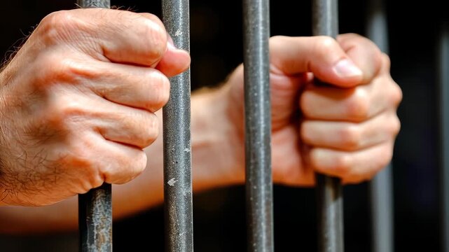 Hands gripping prison bars during a moment of reflection in a correctional facility at dusk