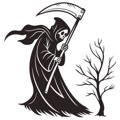 gothic reaper, dark figure with cloak and scythe, eerie silhouette of death, grim reaper in monochrome, haunting presence of the underworld
