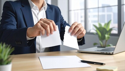 A person in a suit tearing up a document at a desk with a laptop and office plant.