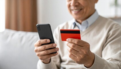 A senior man is using a smartphone while holding a credit card, possibly for online shopping