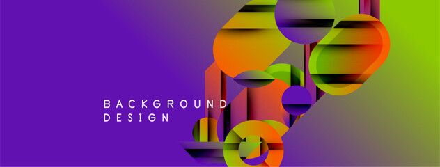 Abstract gradient background features overlapping circles, squares. Vibrant purple transitions into bright green. Modern design elements present.