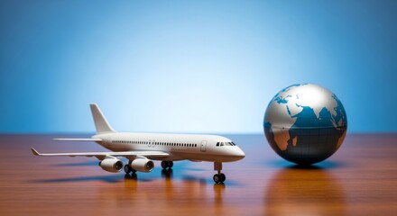 A model airplane rests beside a globe on a wooden surface against a gradient blue background
