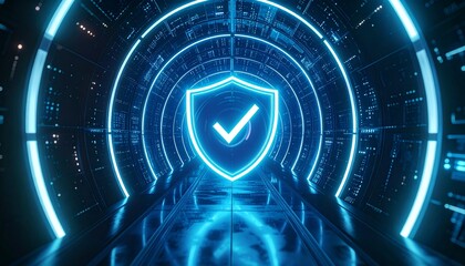 Cybersecurity shield icon with a check mark glowing in a digital tunnel