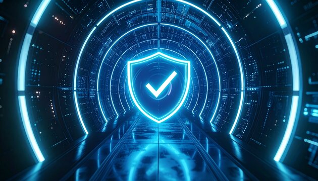 Cybersecurity shield icon with a check mark glowing in a digital tunnel - Powered by Adobe
