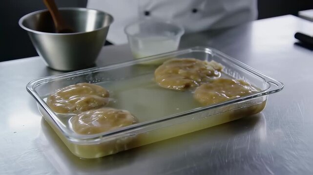 Rectangular glass dish holds multiple floating, amorphous shapes in liquid, with tools & a person nearby