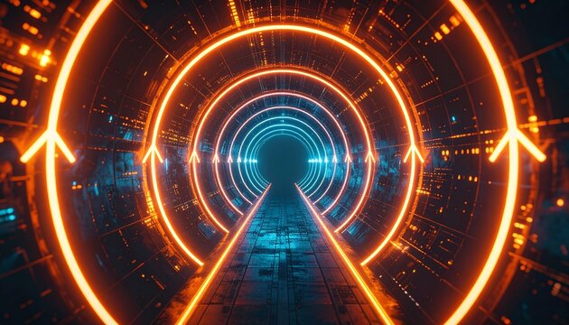 Futuristic digital tunnel with neon lights leading towards the center