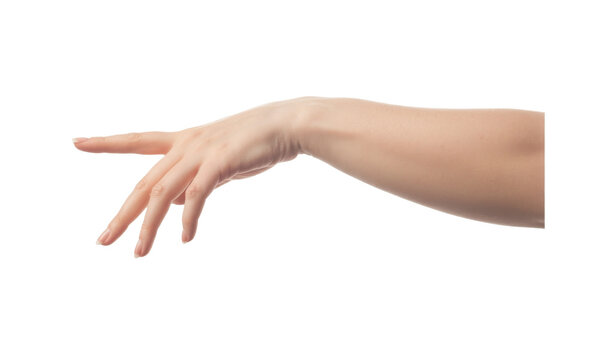 woman hand isolated on white background, pointing gesture