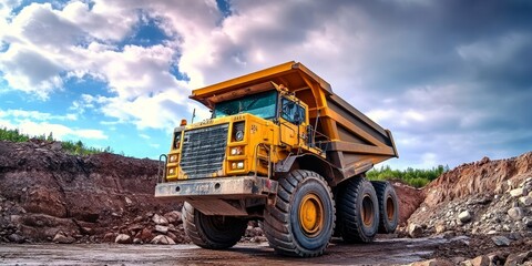 Fototapeta premium Oversized Yellow Dump Truck on Construction Site for Earth Excavation and Material Handling Tasks