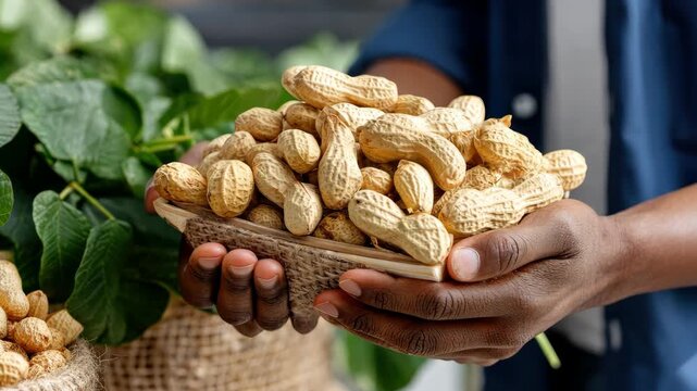 Delicious fresh peanuts harvested by hand at a local farm market filled with greenery and vibrant produce in the summer season