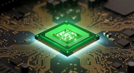 Closeup of a glowing green central processing unit cpu chip on a complex electronic circuit board, symbolizing advanced technology and digital innovation