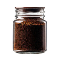 A glass jar of ground coffee stands isolated on a solid black background