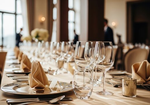 A long dining table is elegantly set with plates, silverware, and crystal glasses, ready for a formal event or celebration