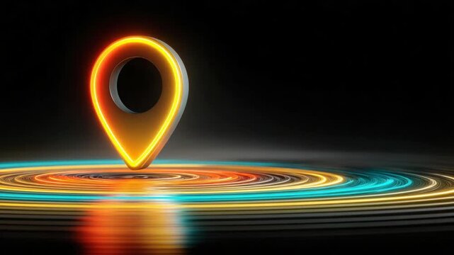 A glowing location pin with a neon outline sits above swirling, colorful light trails on a dark background