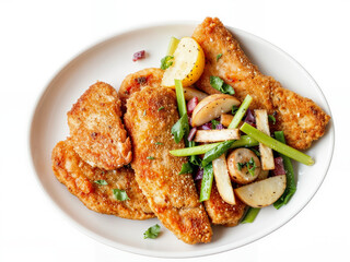 Kotlet schabowy Crispy Polish kotlet schabowy breaded pork cutlet Fried fish fillets served with fresh vegetables and lemon slices  