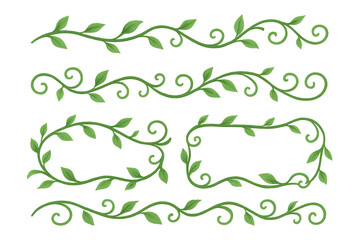 Green vine leaves and curly plant branches, creating borders, dividers, and decorative elements on transparent background